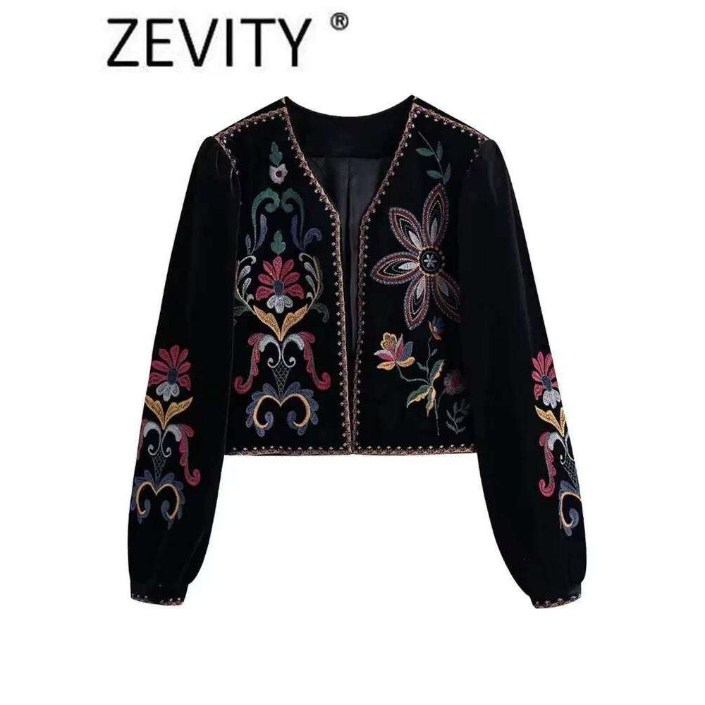Zevity Women Vintage Flower Embroidery National Style Short Coat Ladies Retro Open Stitching Casual Velvet Jacket Tops Ct100