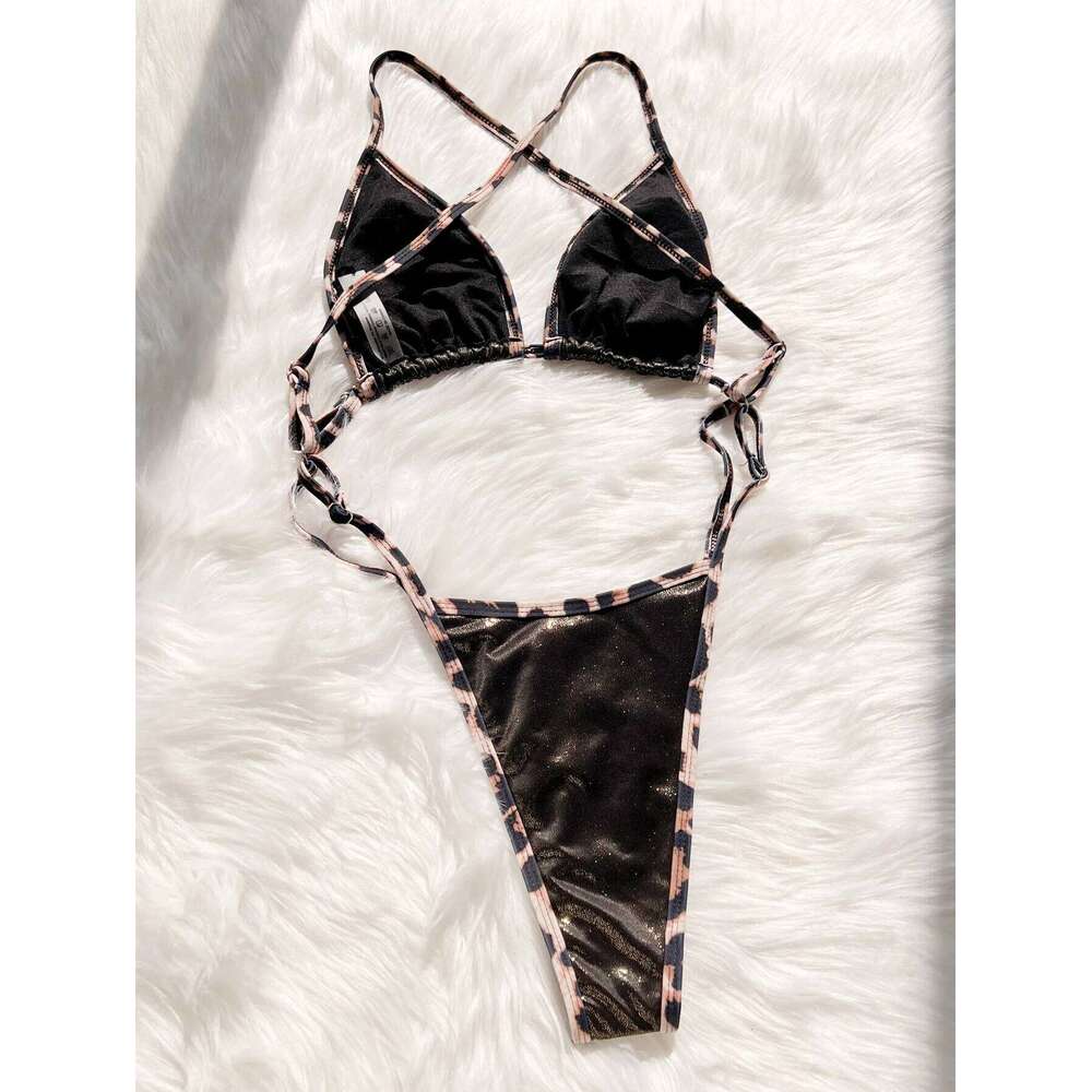 sexy glitter black leopard patchwork backless swimsuit one piece hollow bikini swimwear bodysuits women biquini bathing suits C260207