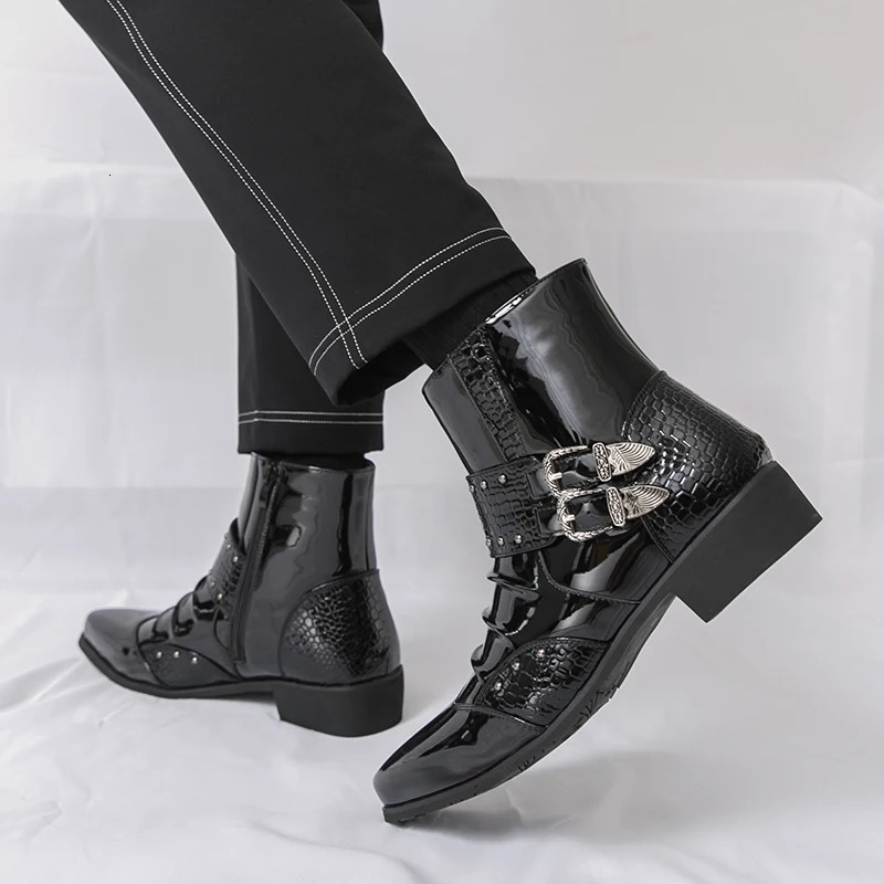 Men Pointed Toe Punk Rock Belt Buckle Leather Casual Chelsea Ankle Boot Winter High Top Monk Strap Hiphop Shoes 260208