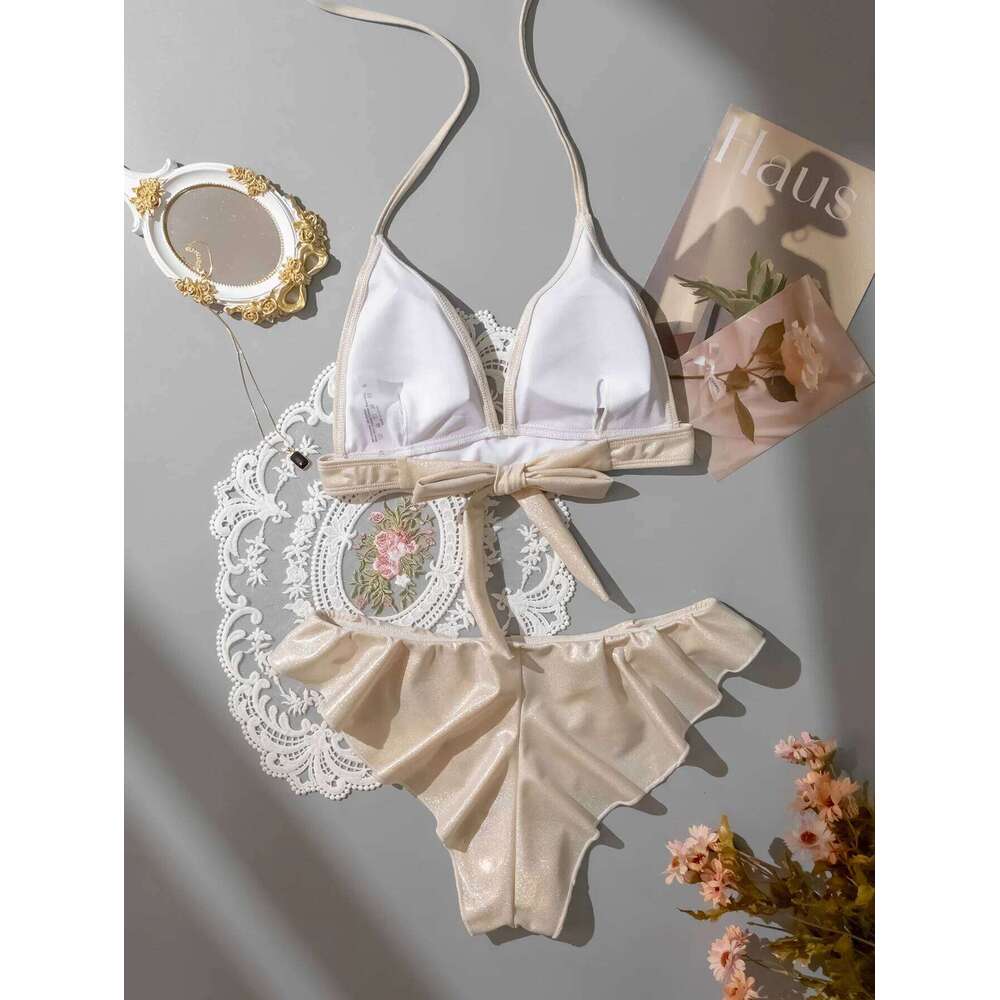 Sexy Glitter Shinny Halter Ruffles Bikinis Sets Two Pieces Padded Back Tie Thong Swimwear Female Bathing Suit Swimsuit Biquini C260207