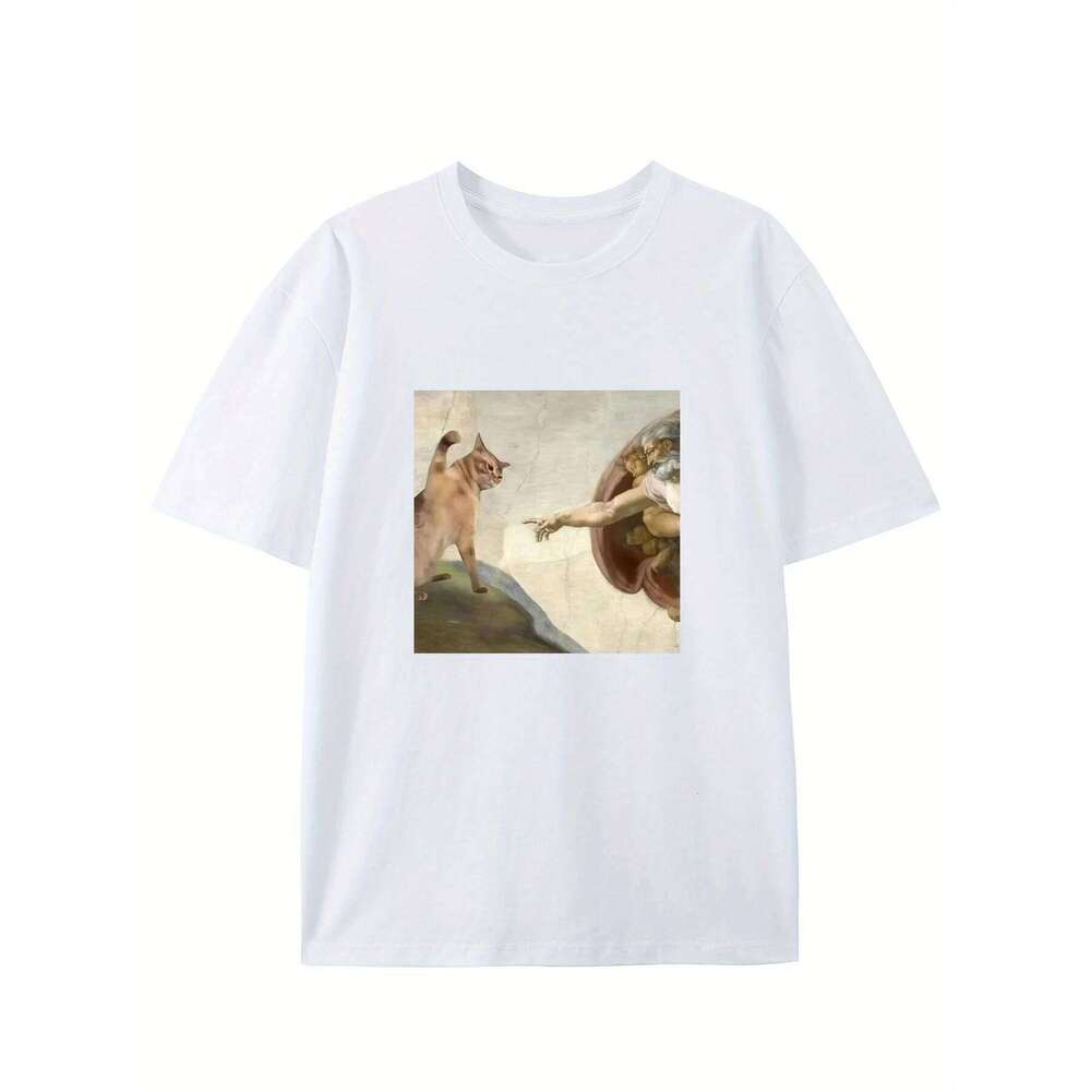 Humorous Cat and Adam Creation Parody Graphic T-Shirt Crew Neck Tee Fit Short Sleeve for Adult Summer Casual Fashion Top C260207