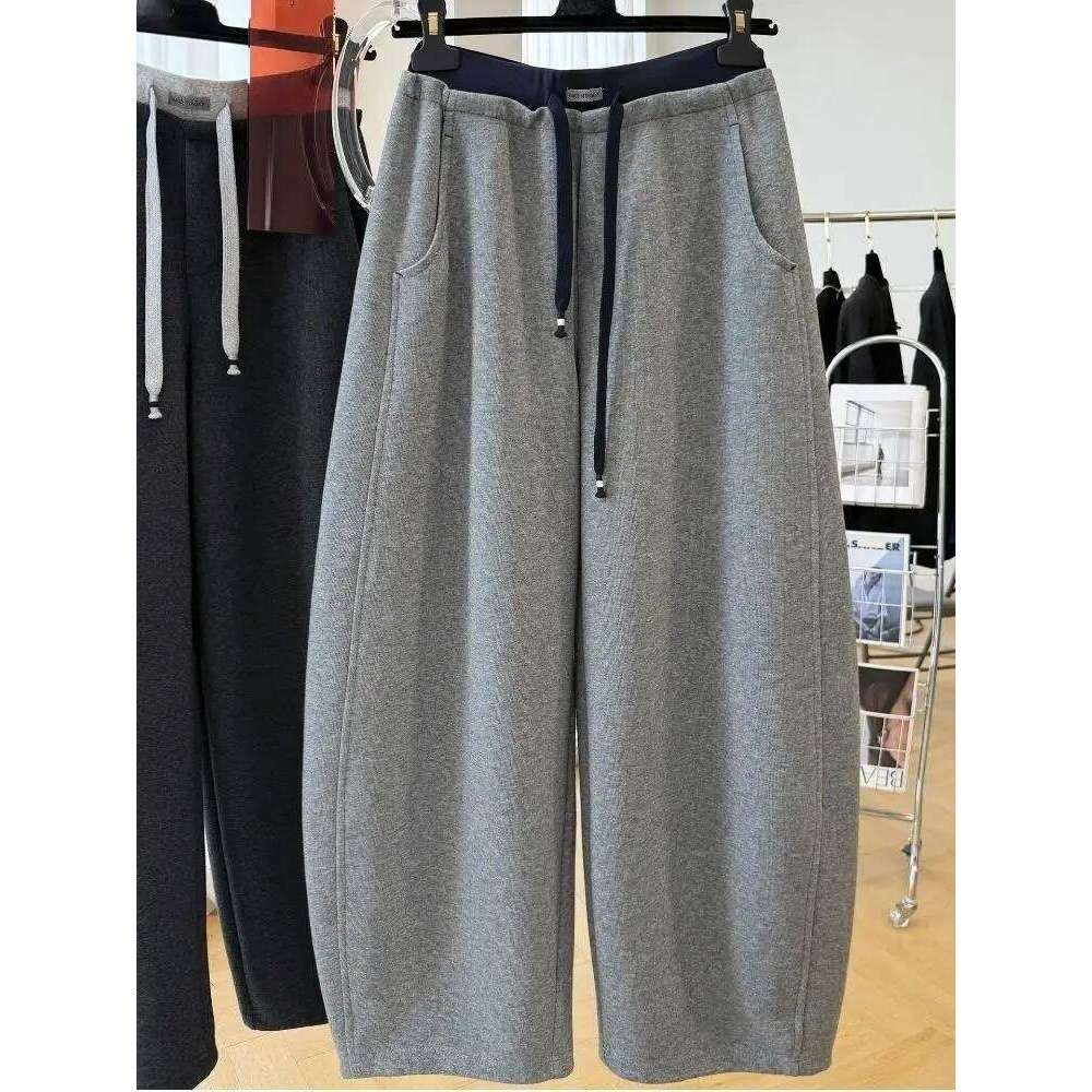 Patchwork Drawstring High Waist Wide Leg Pants for Women Spring and Autumn Curved Hem Trousers