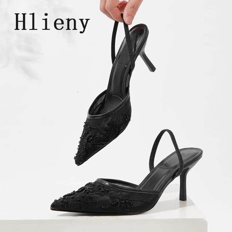 Hlieny White Women Wedding Pumps Mesh Embroidered Flowers Back Strap Sexy Slingback High Heels Dress Shoes Ladies 260208