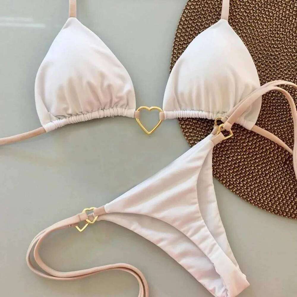 New Solid Color White Bikini Women suit Low Waist Lace-up Fashionable Swimsuit Two-piece Set C260207