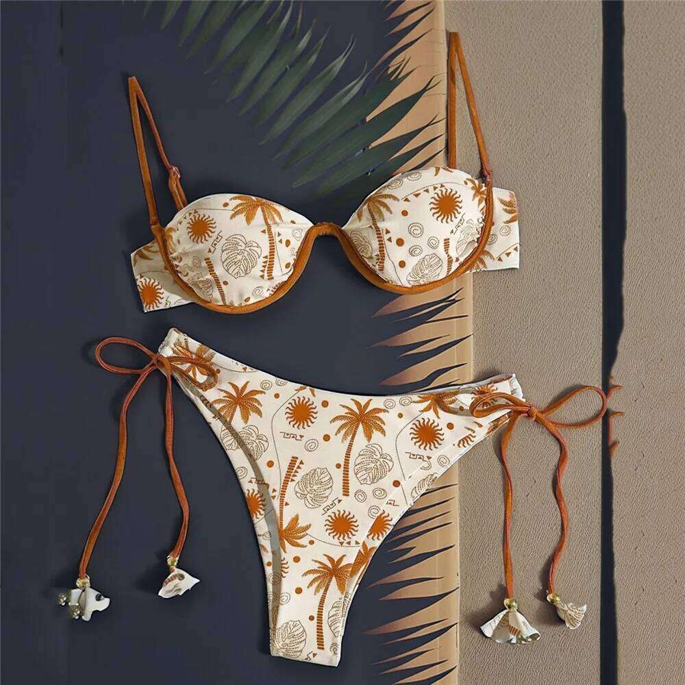Sun Leaf Print String Shell Bikinis Sets De Mujer 2026 Push Up Sexy Swimsuit Women Summer Bathing Suit Brazilian Biquini Bikini C260207