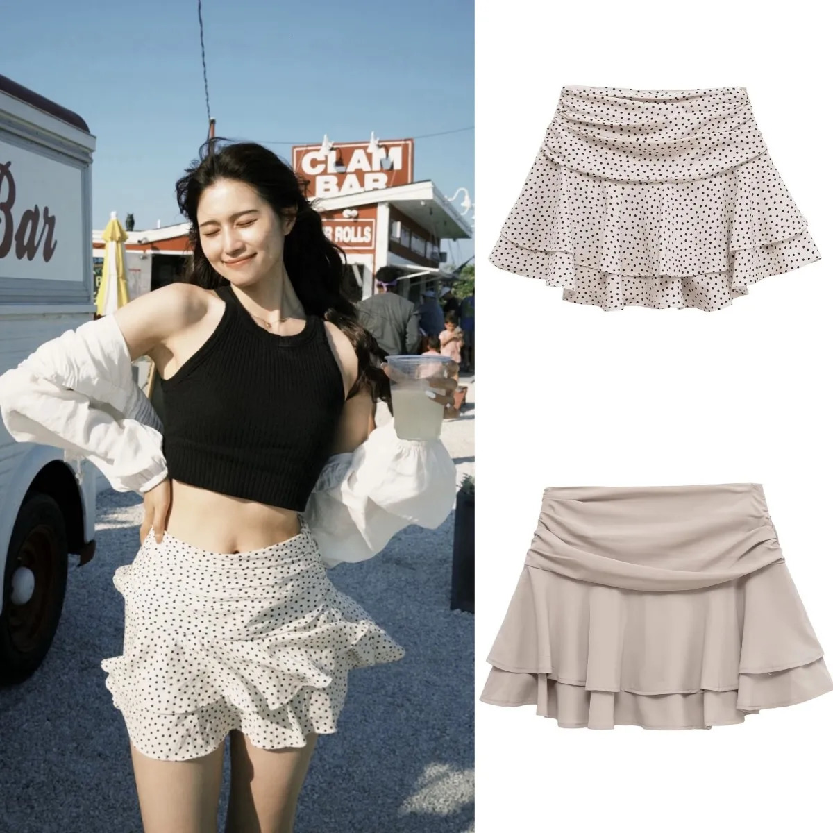 ETJ 2025 womens summer sexy fashion style flouncy stacked decoration mid-waist short skirt pants 260122