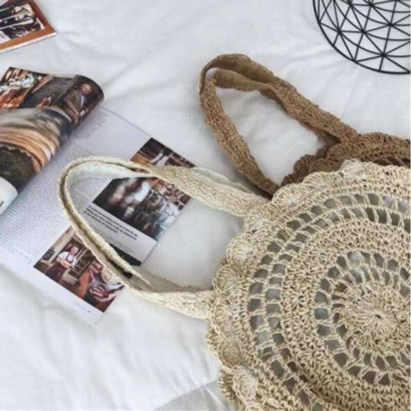 Bohemian Straw for Women Circle Beach Handbags Summer Rattan Shoulder Bags Handmade Knitted Travel Big Totes Bag New C260207