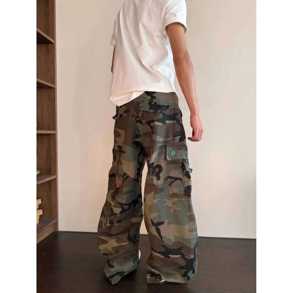 Men's Colorful Button Design Camouflage Pants Casual Spring Street Boy Wide Legs Sweatpants Male Straight High Waist Trousers