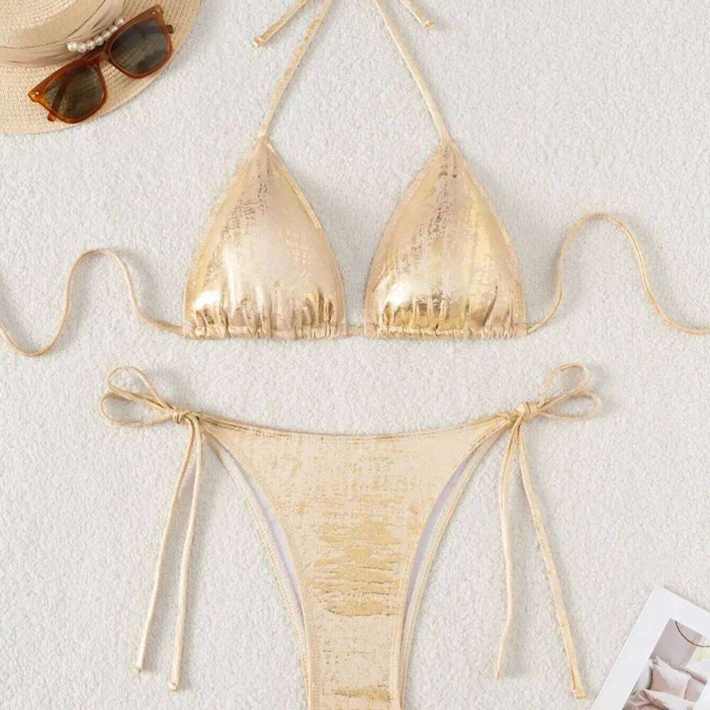 DEKA Sexy Gold Halter Bikinis Sets Lace-Up Triangle Tie Side Bikini Swimsuit Women Swimwear Brazilian Female Bathing Suits C260207