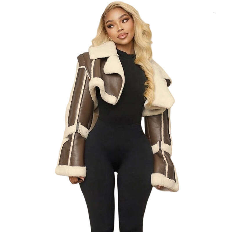 Cross-border European and American style autumn new women's fashion streetwear PU leather spliced fur collar cropped jacket