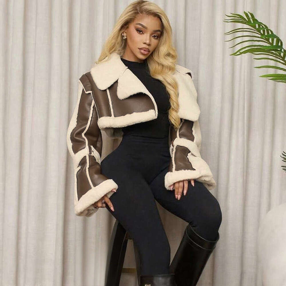 Cross-border European and American style autumn new women's fashion streetwear PU leather spliced fur collar cropped jacket