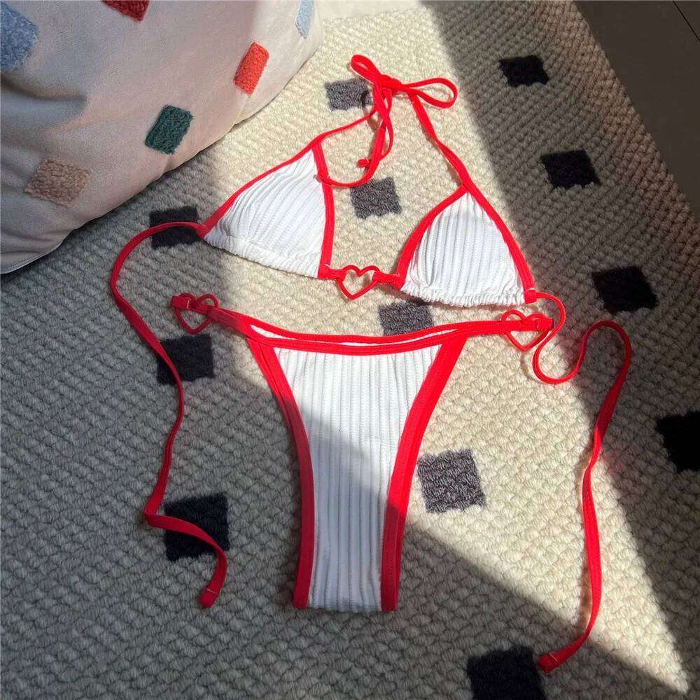 White Ribbed Micro Thong Bikini Heart Metal Ring Sexy Swimsuit Women String Halter Swimwear Bathers Triangle Mini Bikinis Sets C260207