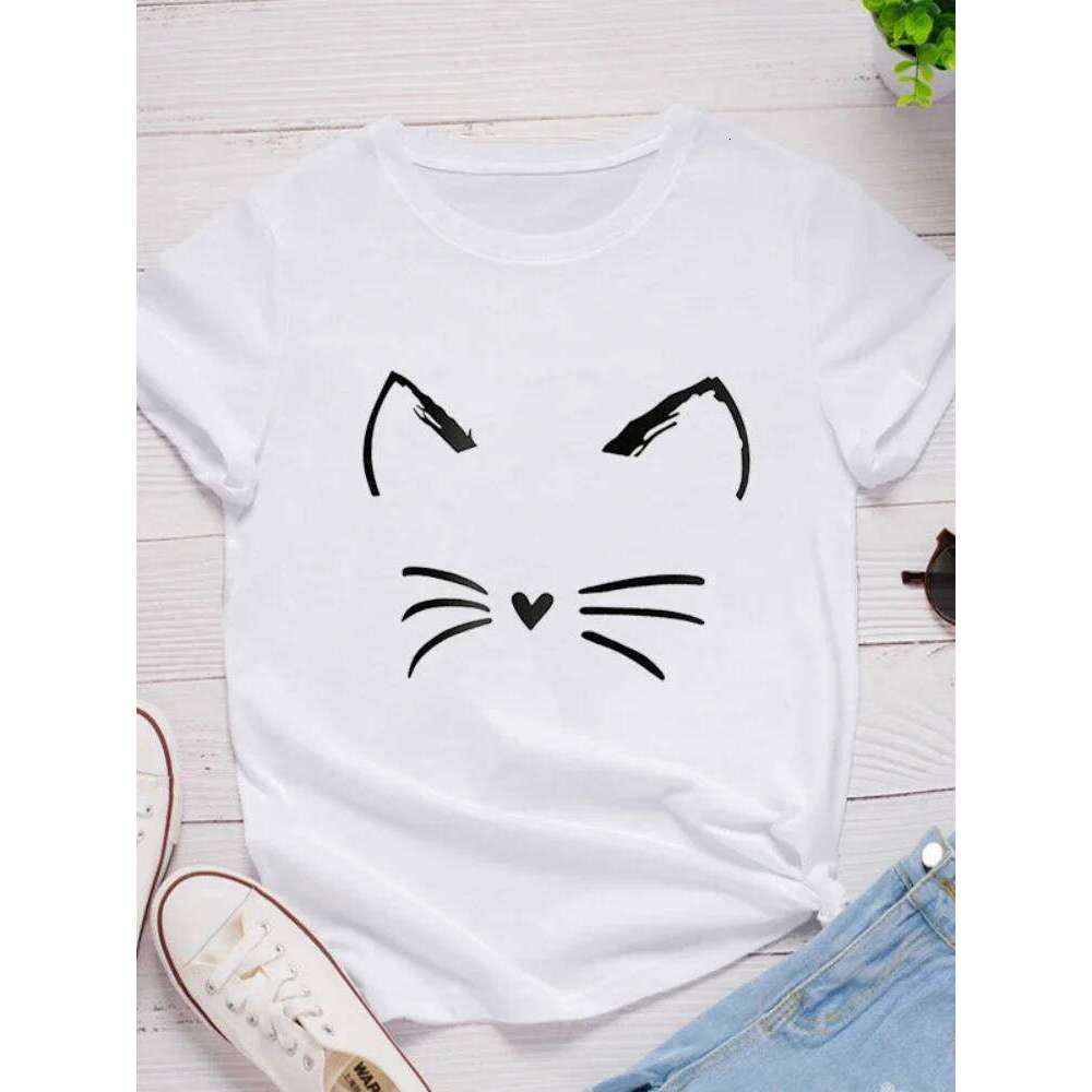 Cat Face Print T Short Sleeve O Neck Loose Women Tshirt Ladies Tee Shirt Tops Clothes Camisetas Mujer C260207