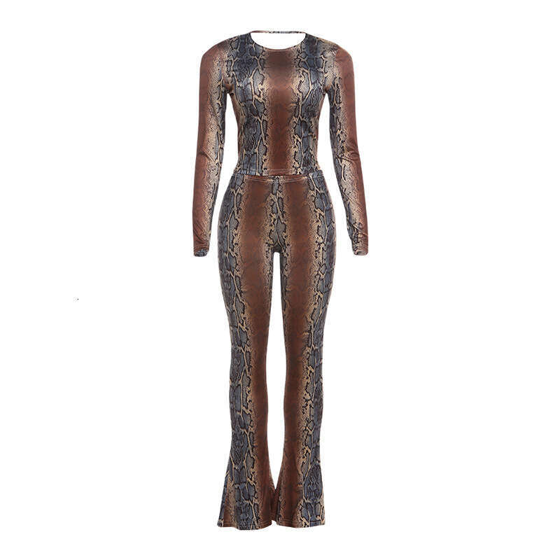 New European American style slim-fit waist-cinching long-sleeve top and tight-fitting hip-lifting printed pants set for women