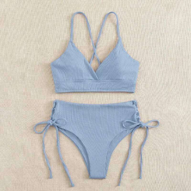 Cikini-V-Neck Split Bikini Set for Women, Sexy Swimsuit, Lace Up, Triangular Bikinis, Solid Color, Beach Swimwear, Bathing Suit C260207
