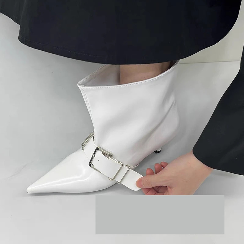 Chinese Style 2025 Belt Buckle Fashion Boots High Heel Pointed Toe Booties MidLeg 260208