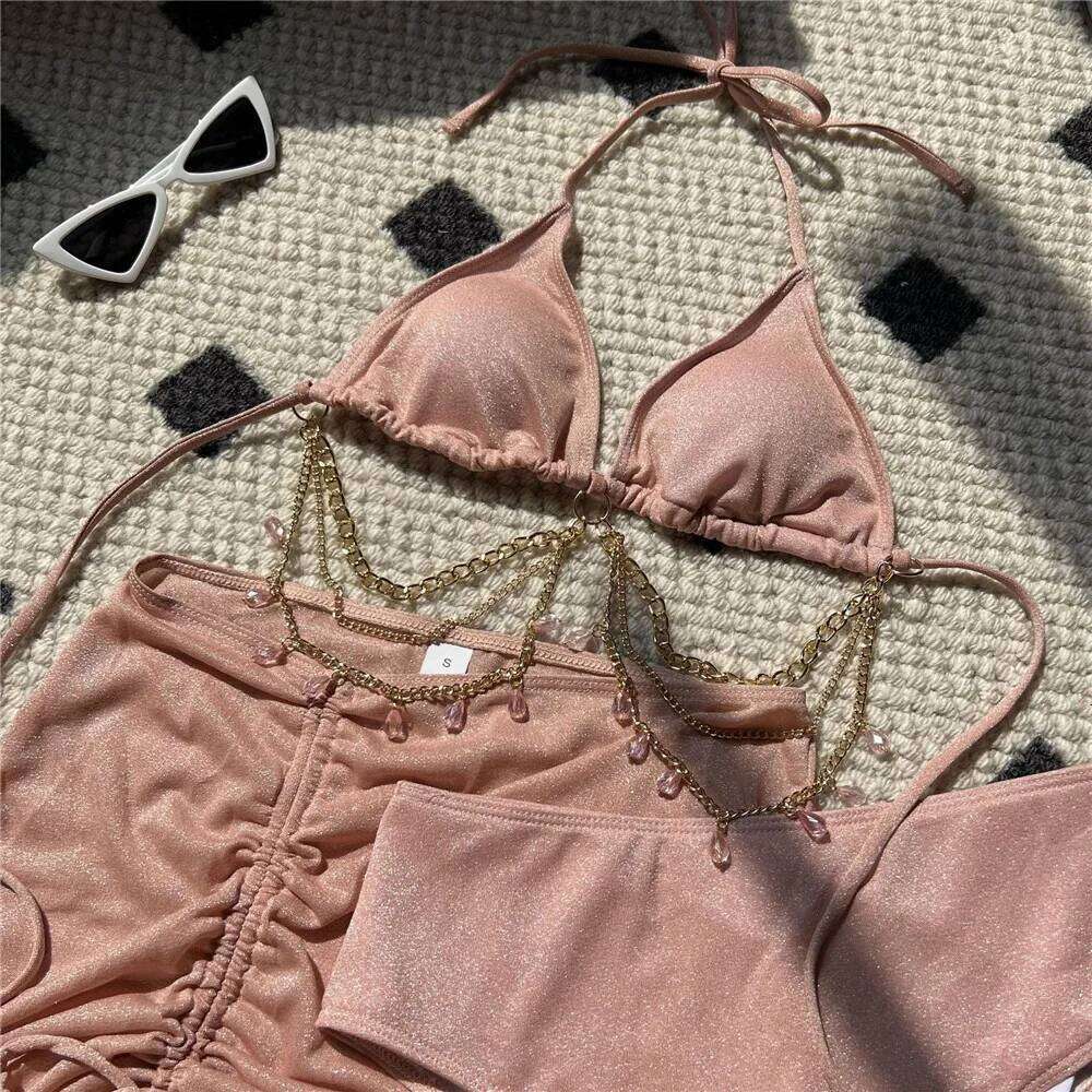 Shiny Blue String Halter Triangle 3 Piece High Waisted Bikini Set Swimwear Skirt Cover Up Rhinestone Chaining Swimsuit Beachwear C260207