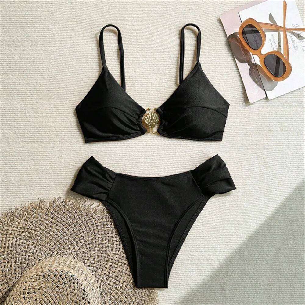 Metal Shell Ring Swimwear Sexy Wine Red Sets Swimsuit Women 2025 Ruched Bathing Suit Swimming Wear Bikinis De Mujer C260207