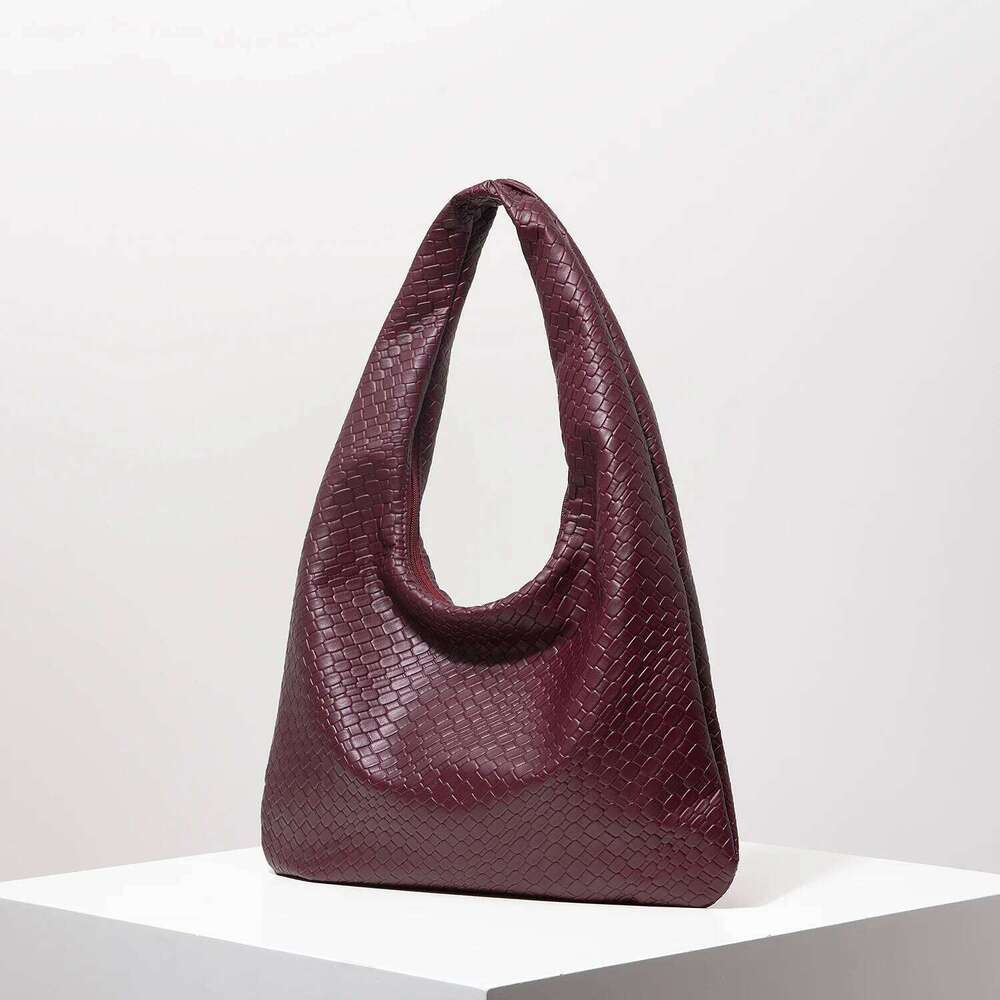 Vintage Faux Woven Leather Shoulder Women's Handbag, Large Capacity Tote Crescent Zipper Underarm Bag, Daily Commuter Bag Random Pattern C260207