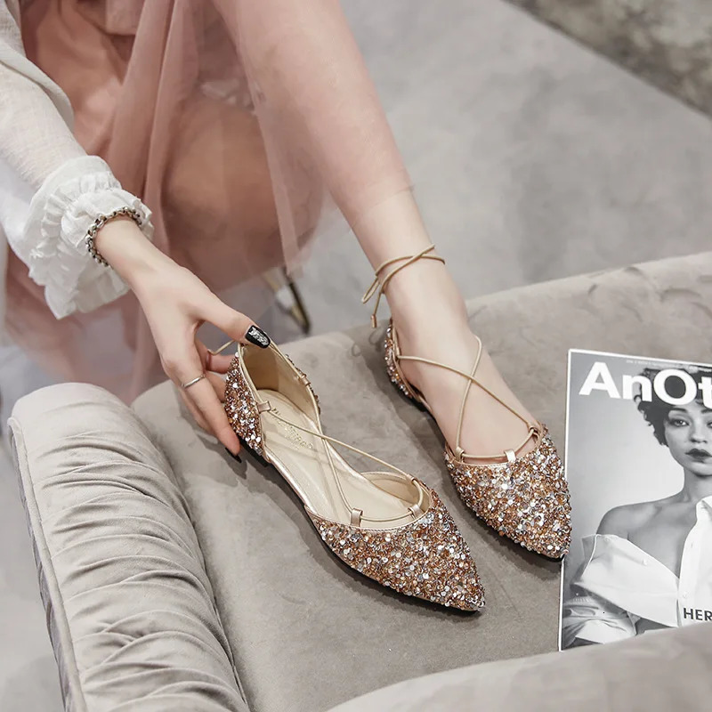 Women Rhinestone Ballet Flats Cross-Tied Lace Up Flat Shoes Woman Crystal Wedding Shoes Glitter Mules Sandals Big Size 43 260124