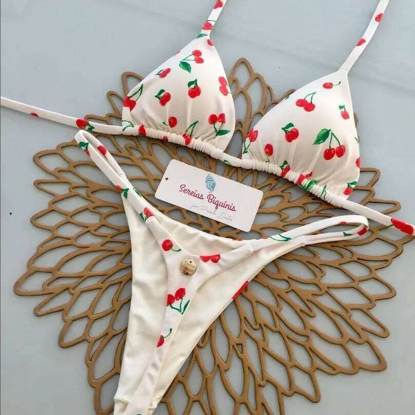 Print Sexy Bikini Sets Halter Lace-up Tops Thongs Beach Style Bathing Suit Y2k Swimsuits Women Beachwear 2025 C260207
