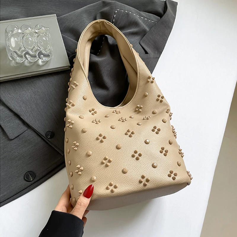 Temperament Rivet Red Underarm Bag for Women Texture Soft PU One Shoulder Bag Light Party Handbags Spring Summer 260123