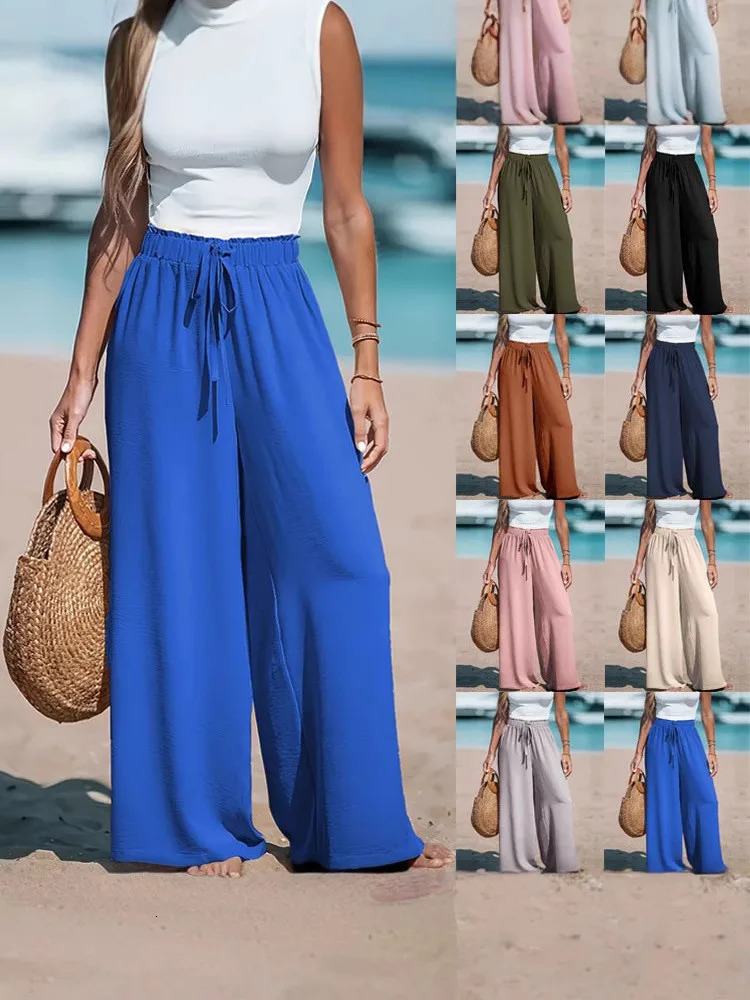 2025 Cross border Womens Four Seasons Wide Leg Loose Drawstring Casual Fashion Pants 260130