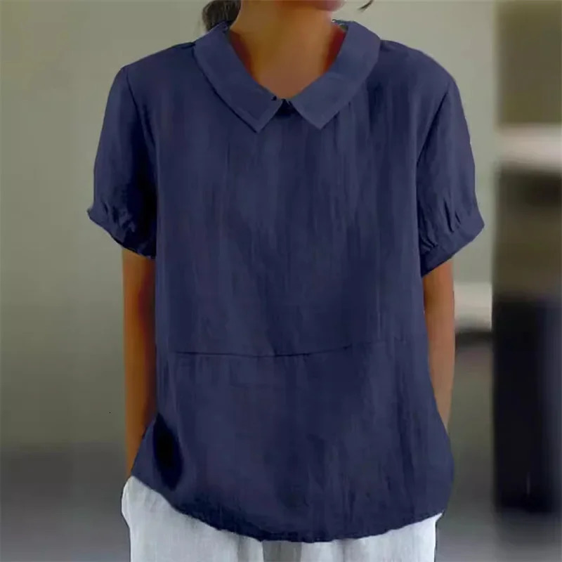 Solid Color Cotton Linen Lapel Pullover Shirt Women Summer Short Sleeve Blouse Female Comfortable Casual Simple Style Tops 260207