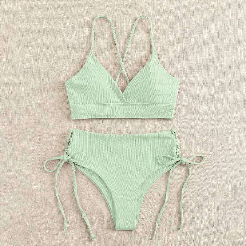 Cikini-V-Neck Split Bikini Set for Women, Sexy Swimsuit, Lace Up, Triangular Bikinis, Solid Color, Beach Swimwear, Bathing Suit C260207