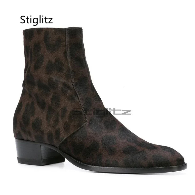 Leopard Chelsea Boots for Men Med Heeled Genuine Leather Prints Ankle Zip Retro British Style High Top Catwalk Male Shoes 260208