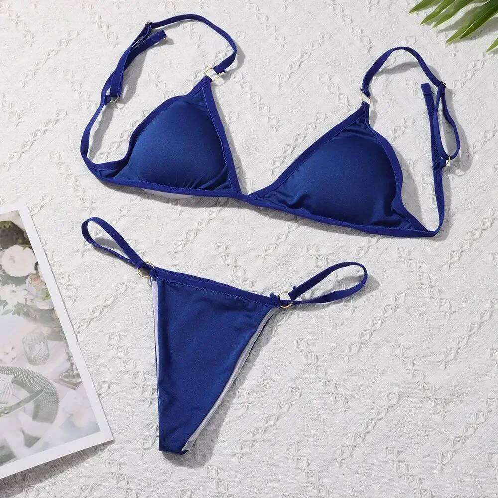 New Ladies Sexy Solid Color Sling Backless Bikini Set Metal Decorated Brazilian Beach Vacation Split Swimwear C260207