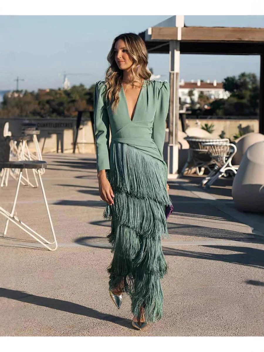 French Elegant Deep V Neck Slim Prom Dresses 2026 Spring Solid Spliced Tassel Long Dress Woman Long Sleeve New Autumn Maxi Dress R260208