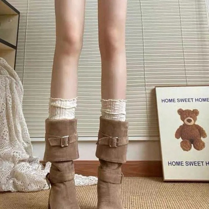 Microfiber Suede High Tube100y Rubber Winter Mid Heel35cmBagged Fashion Boots Round Toe 260208