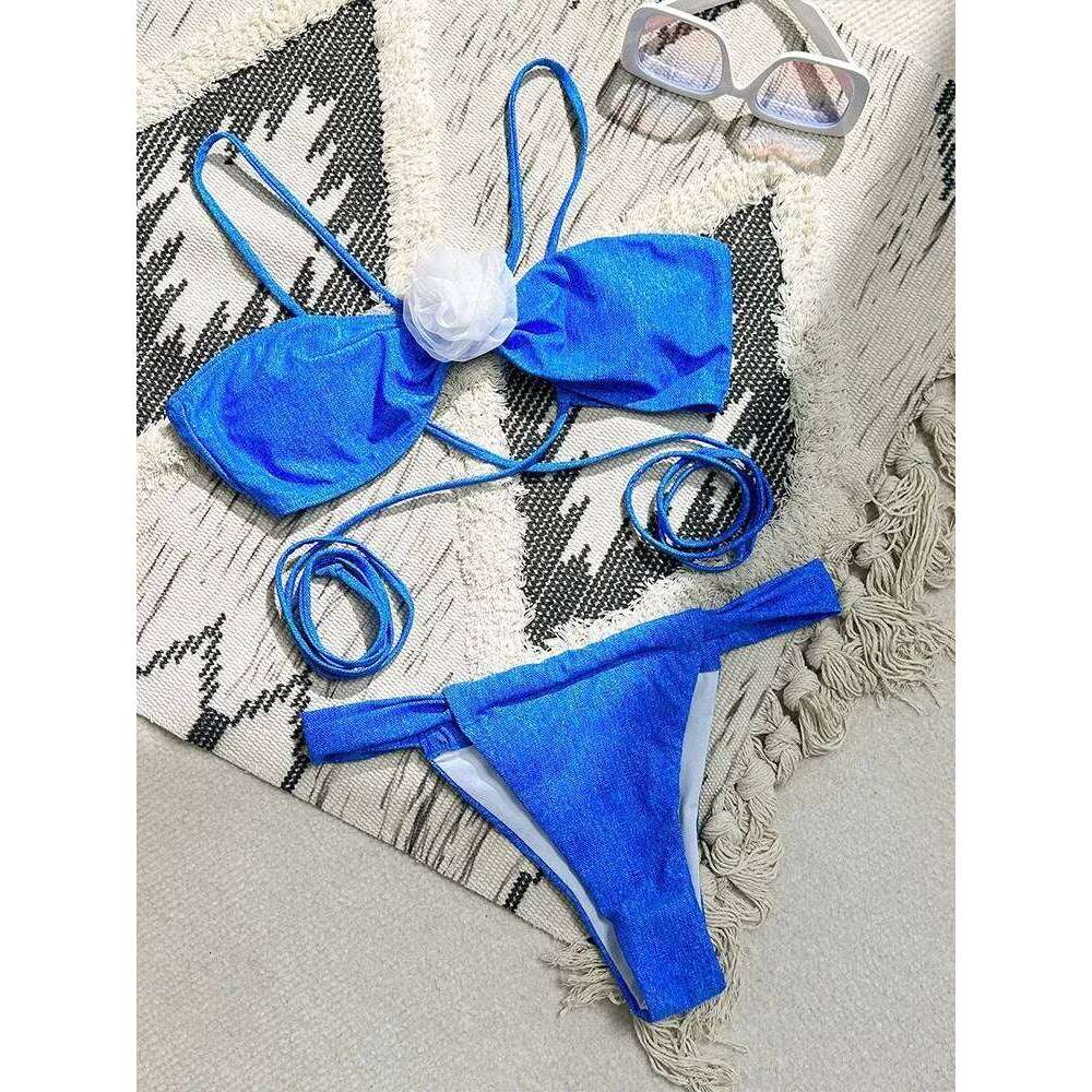 Sexy Laced Up Floral 2 Piece Women Split Swimsuit High Waist Beach Triangle 2025 New Summer Swimwea Bikini Set C260207