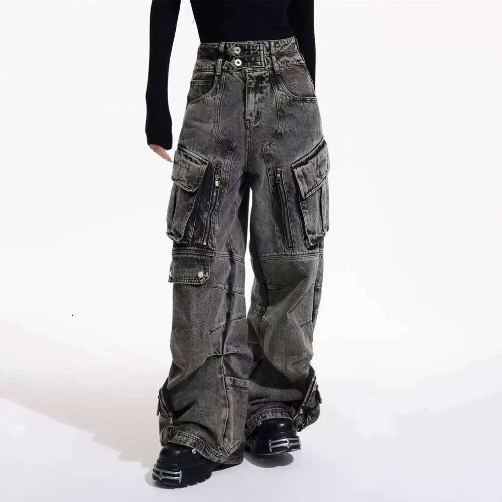 Men Gothic Y2k Big Pocket Cargo Jeans Streetwear Fashion Japanese Youth Campus Wide Leg Casual Pants Male Men'S Clothing
