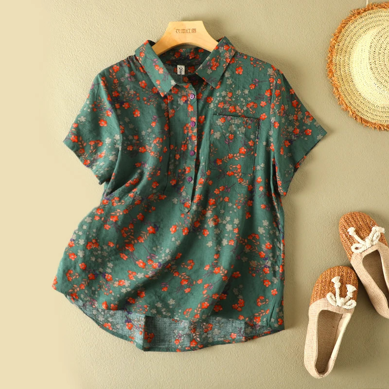 Vintage Floral Print Womens Shirt Summer Fashion Short Sleeve Pocket Loose Casual Blouse Female Comfortable Soft Thin Daily Top 260207