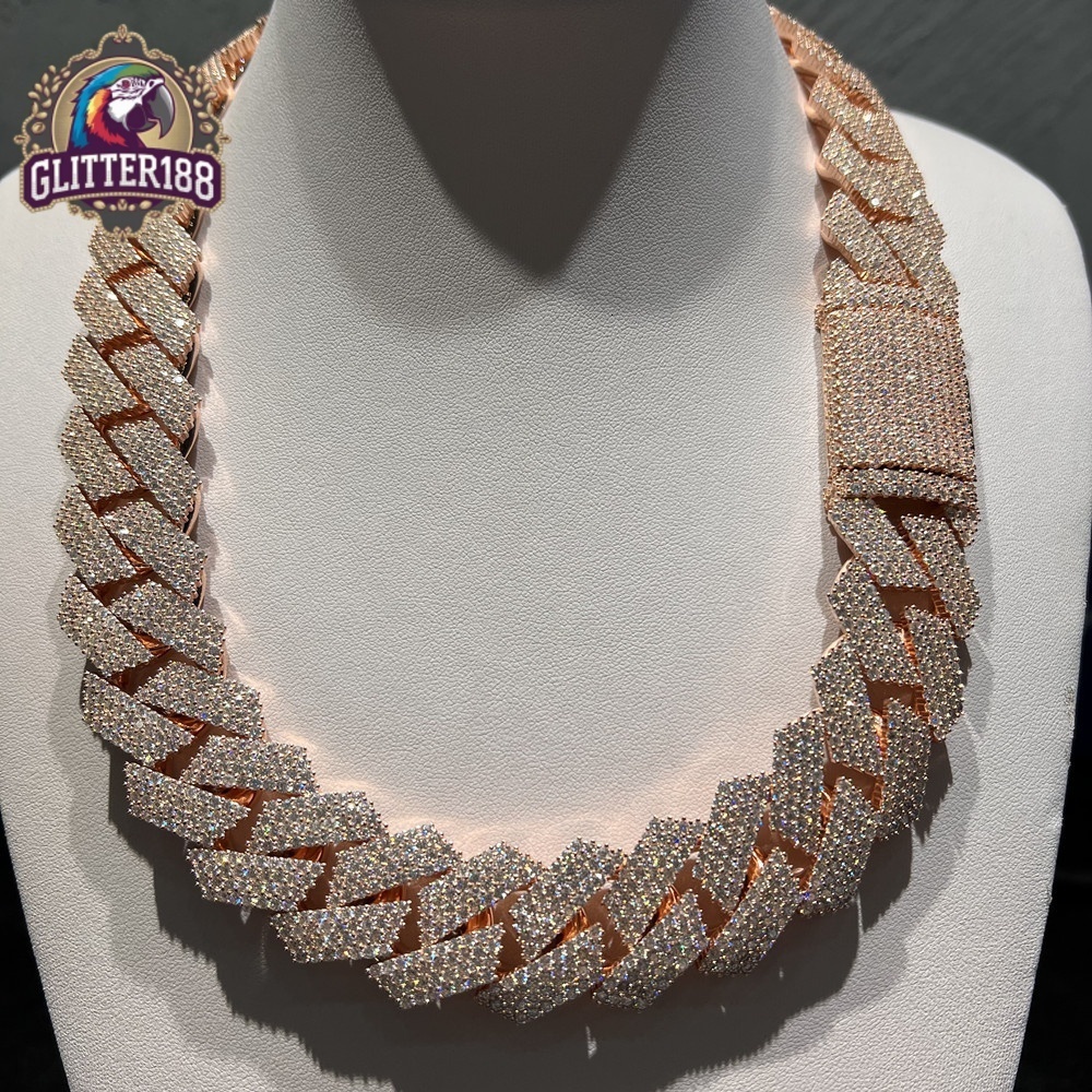 2026 Gorgeous Bulky Rose Gold Plated 24mm 4 Rows 925 Silver Iced Out Moissanite Cuban Link Chain