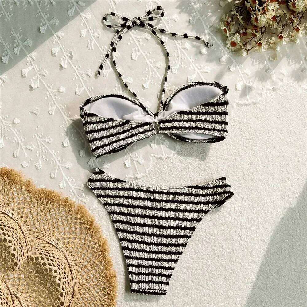 Striped Print String Halter Bandeau Bikinis Sets 2025 Sexy Swimsuit Women Ruched Swimwear Bathing Suit Brazilian Bikini Mujer C260207