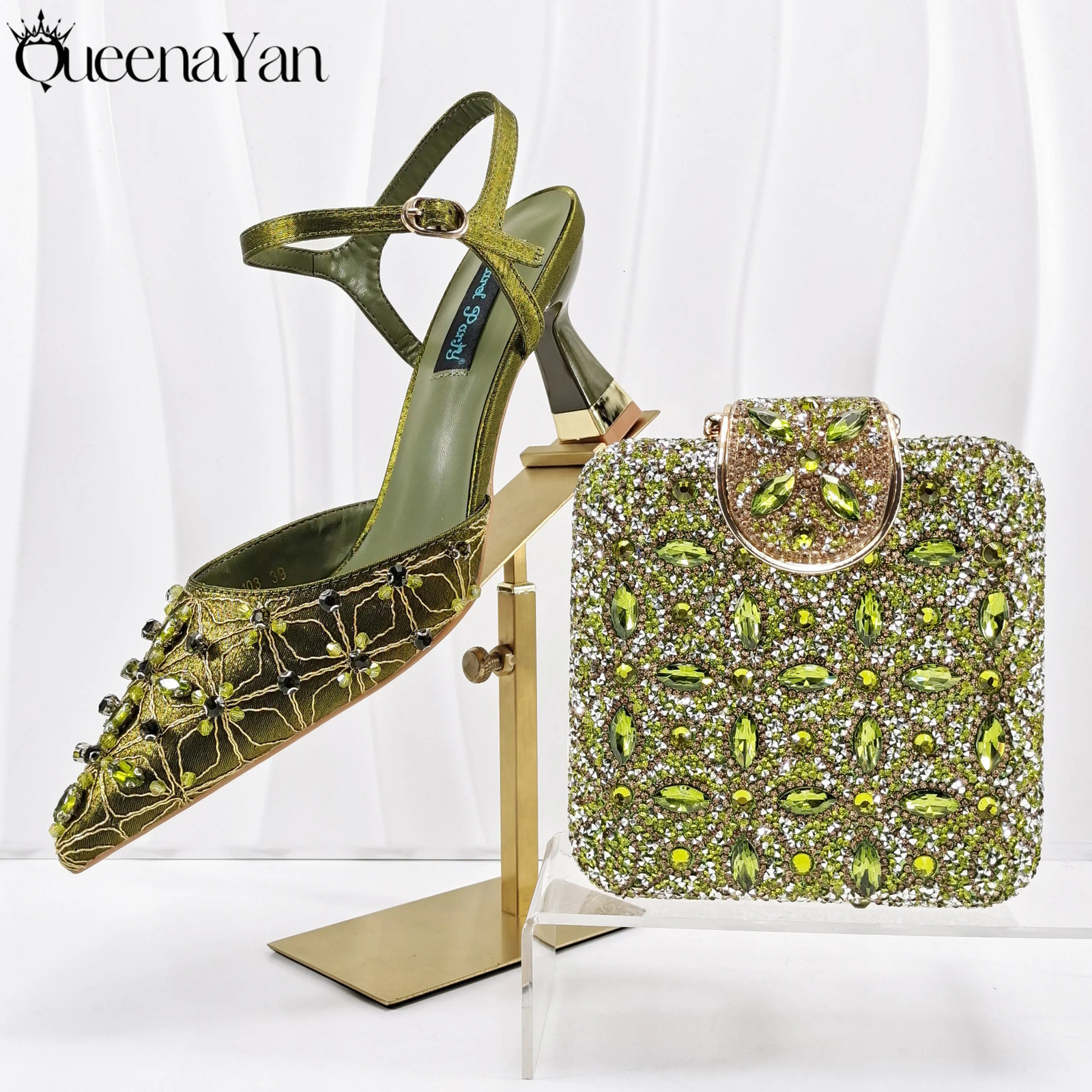 QueenaYan Elegant Full Diamond n Olive Color Italian Womens Shoe and Handbag Set for Weddings Special Occasions 260208