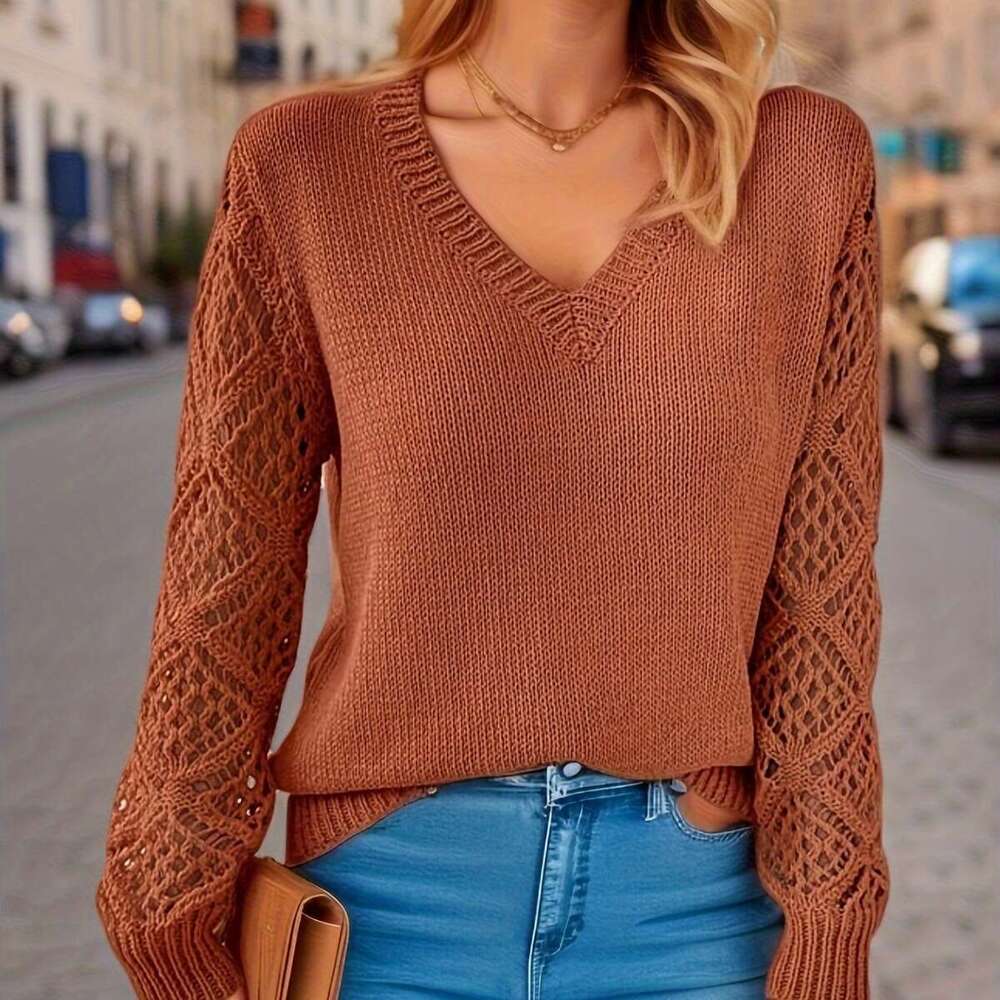 Spring and Autumn Hollow Knitted Sweater Women's Pullover Long Sleeve Crochet Jacquard Loose V-neck Base Shirt