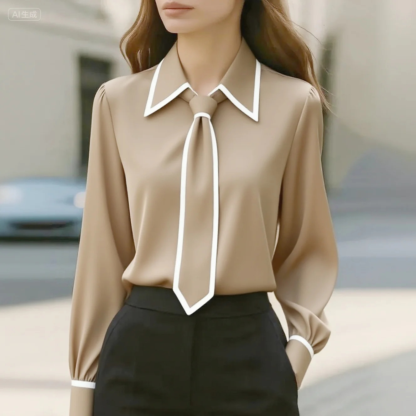 Womens fashion tie lapel n casual longsleeved shirt 260207