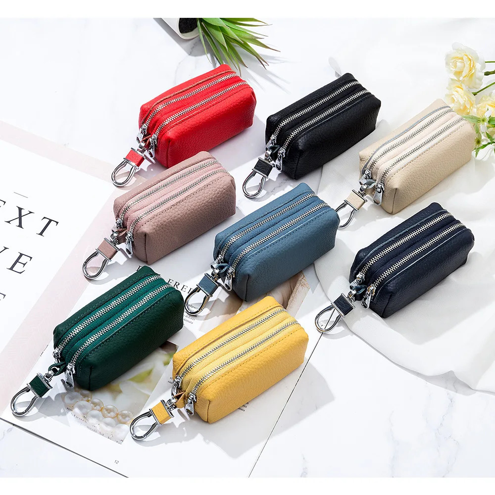 Made of Genuine Leather Car Key Wallets Fashion Key Holder Housekeeper Keys Organizer Double Zipper Keychain Case Key Coin Pouch 260129