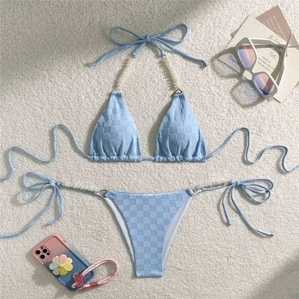 Light Purple Swimwear Pearl String Halter Micro Bikini Thong 2025 Sexy Swimsuit Women Bathing Suit Triangle Bikinis Sets Mujer C260207