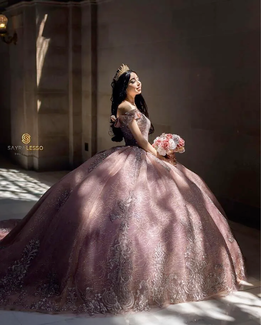Rose Gold Off Shoulder Quinceanera Dress customsized Off Shoulder Gillter vestidos para damas de honor de quinceanera sweet 15 HR112
