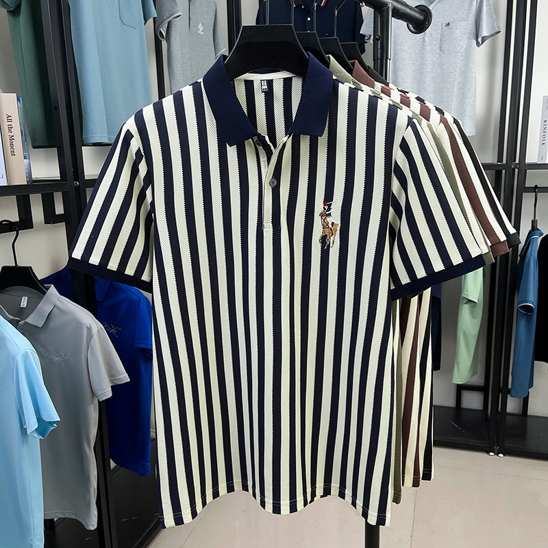 Free shipping 2026 summer new short sleeved striped light luxury casual embroidered pony lapel polo shirt