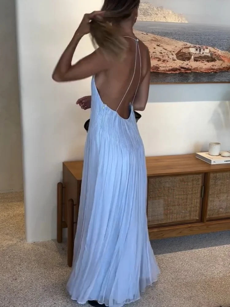 Light Blue Pleated Sling Long Dresses Women Sexy Backless Sleeveless A Line Robes Elegant Female Evening Party Club Gowns 260127