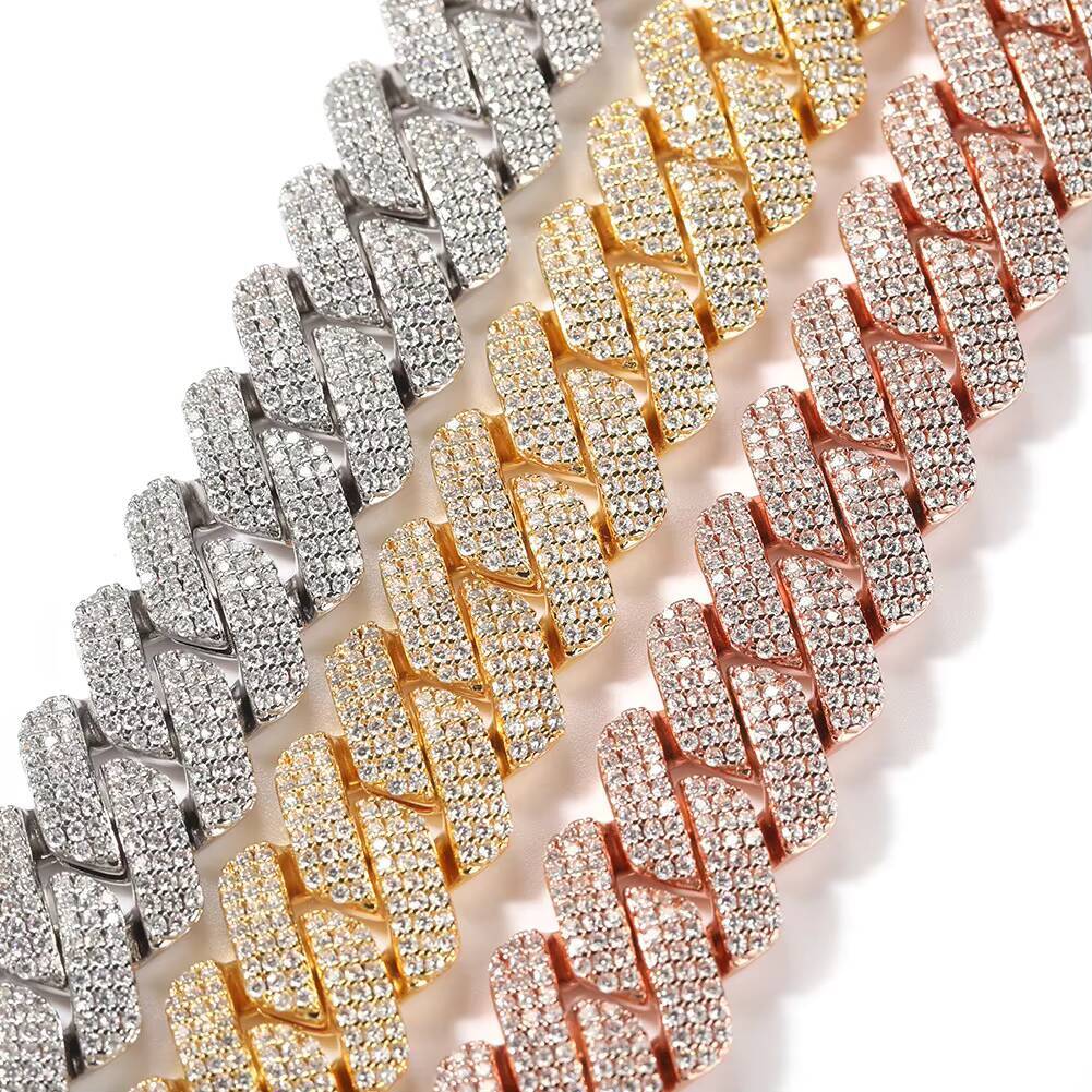 Trendy Rhodium Bling 18k Real Gold Plated vvs moissanite Iced silver Hiphop Jewelry 20mm Heavy Prong Cuban Link Chains