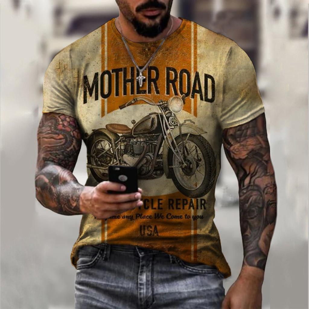 Men'S T-Shirts Retro Motorcycle Themed Men'S Short Sleeved T-Shirt Fashionable Casual Sportswear Comfortable Quick Drying