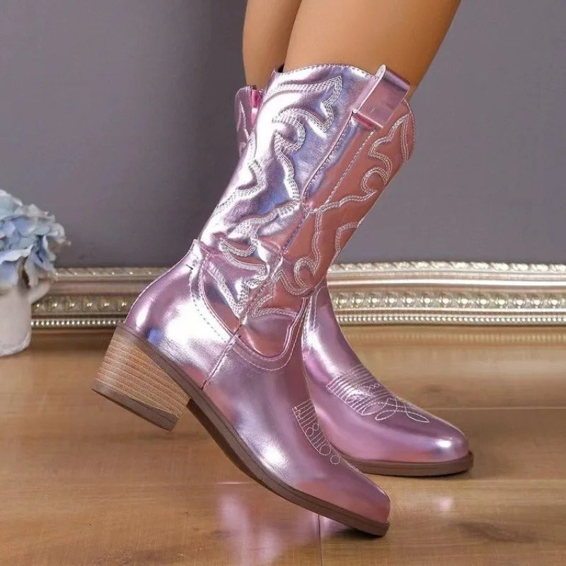 Womens Boots Fashion Pointed Toe Leather Retro Embroidery Western Cowboy for Women Thick Soled Midcalf Boot Botas 260208