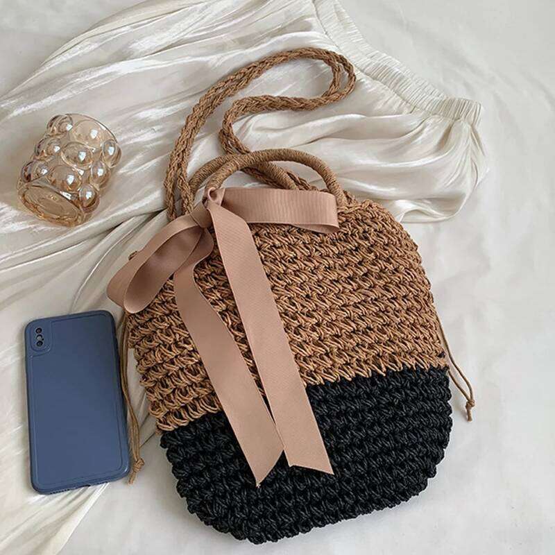 Bow Decors Bucket Shoulder Bags Handmade Straw Hollow out Summer Female Travel Beach Bag Purse Vintage Handbags Bolsa C260207